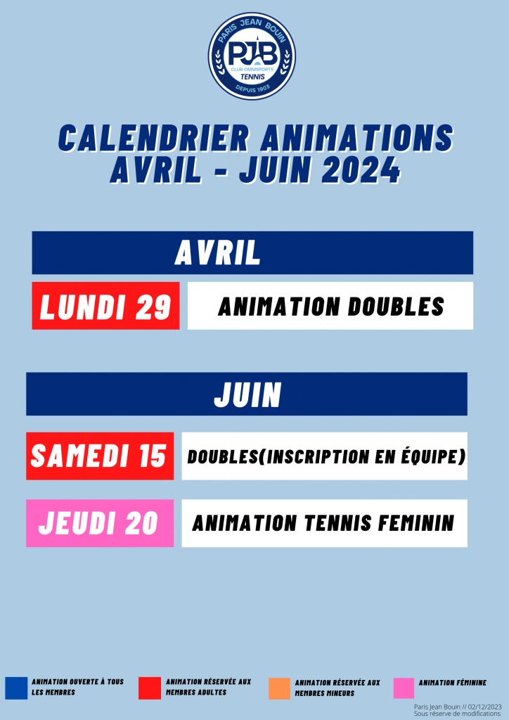 Calendrier des animations - Avril - Juin 2024